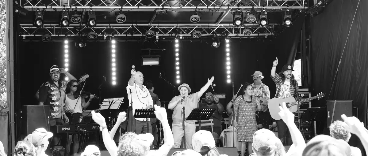 Paula et ses drôles d'oiseaux en concert devant une foule