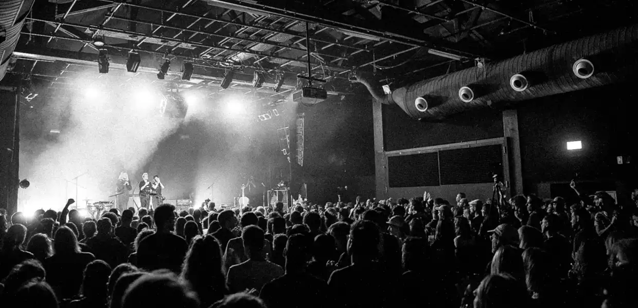 Photo en noir et blanc du concert d'Elie Zoe lors des 40 ans de Fri-Son