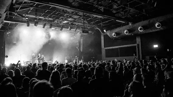 Photo en noir et blanc du concert d'Elie Zoe lors des 40 ans de Fri-Son